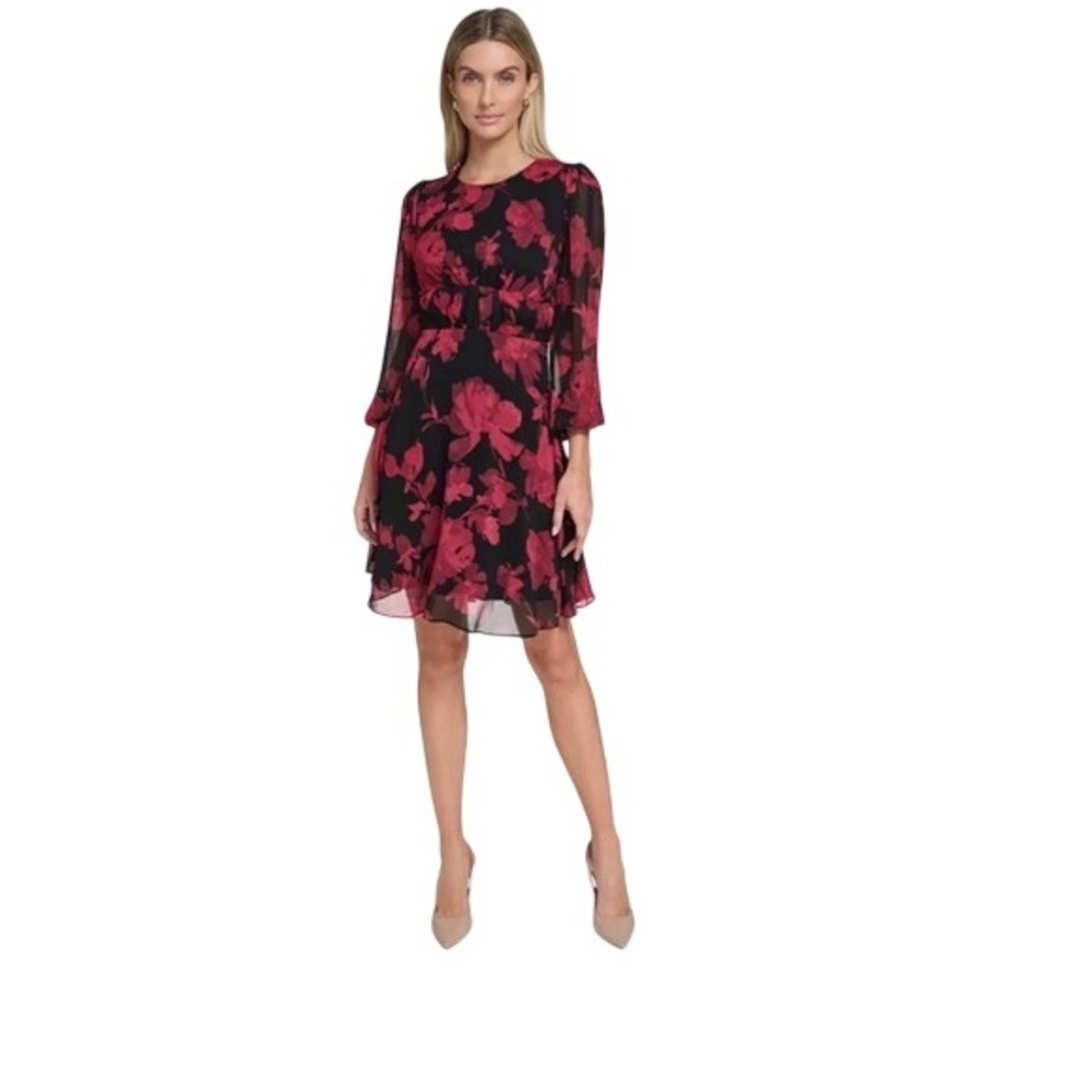 DKNY Black Red Floral Long‎ Sleeve Tiered Chiffon Mini Dress Cocktail #843